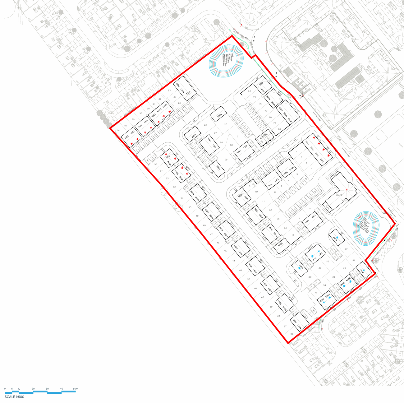 Proposed site layout showing 80 homes arranged around two areas of open space with children's play areas, within a red-line site boundary, and two vehicle accesses from the north-east.